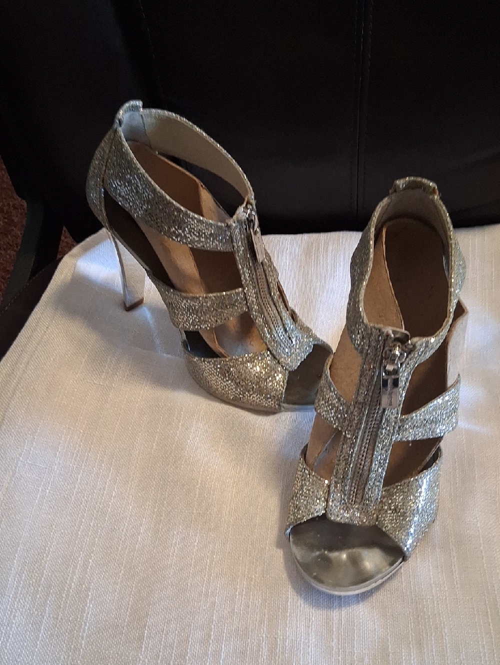 Sparkling Silver Peep-Toe High Heels with Front Zip